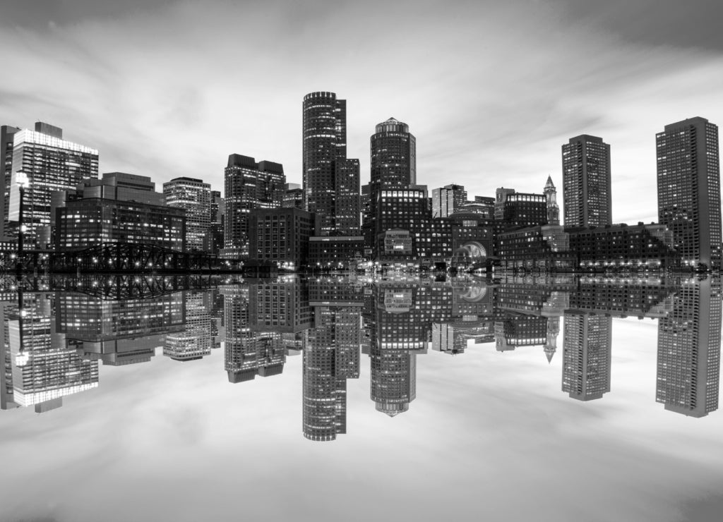 Massachusetts, Boston Skyline from Downtown Harborwalk at Night in black white