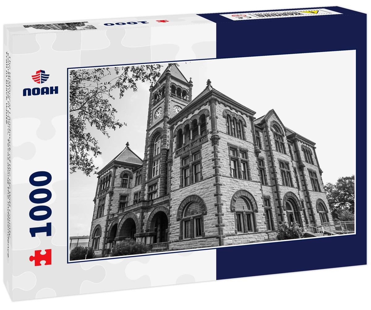 The Historical Landmark of the De Witt County Courthouse in Cuero, Texas along the Independence Trail in black white