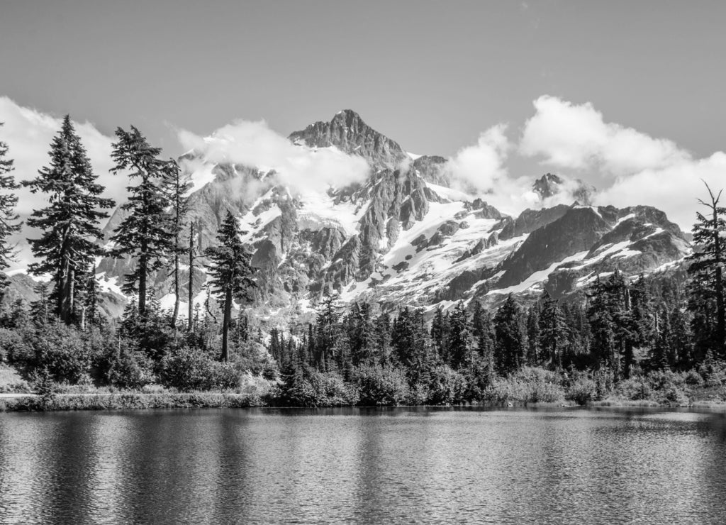 Reflection Mount Shuksan and Picture lake, North Cascades National Park, Washington, USA in black white