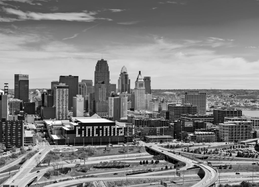 Aerial View of Cincinnati Ohio from the West in black white