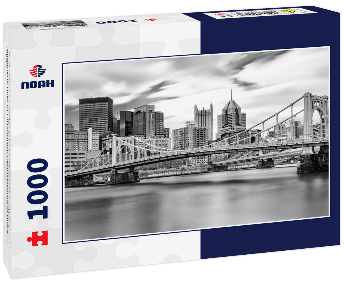 Rachel Carson Bridge (aka Ninth Street Bridge) spans Allegheny river in Pittsburgh, Pennsylvania in black white