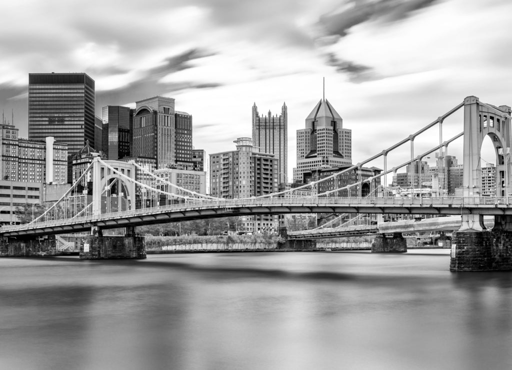 Rachel Carson Bridge (aka Ninth Street Bridge) spans Allegheny river in Pittsburgh, Pennsylvania in black white