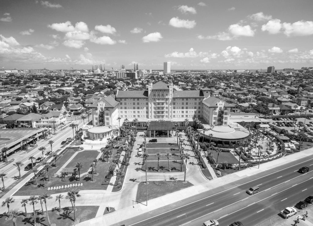 Aerial photo of Galveston Texas in black white