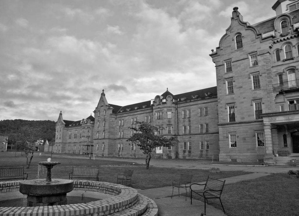 Abandoned Lunatic Asylum, Weston, West Virginia in black white