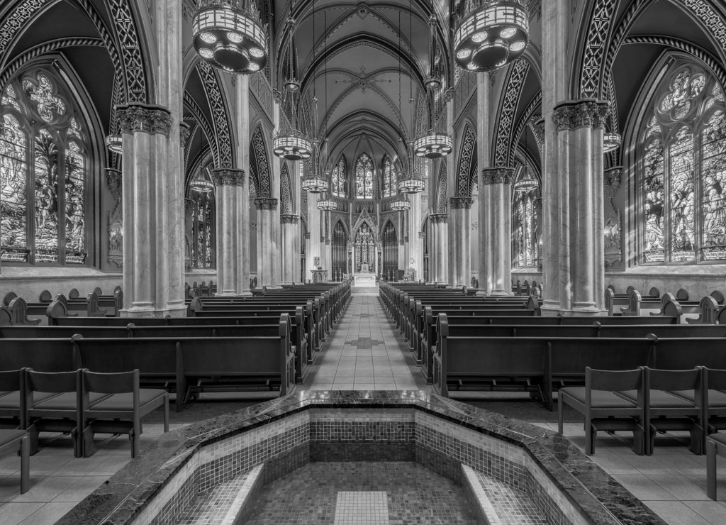 Baptismal and interior of the Cathedral of St Helena in Helena, Montana in black white