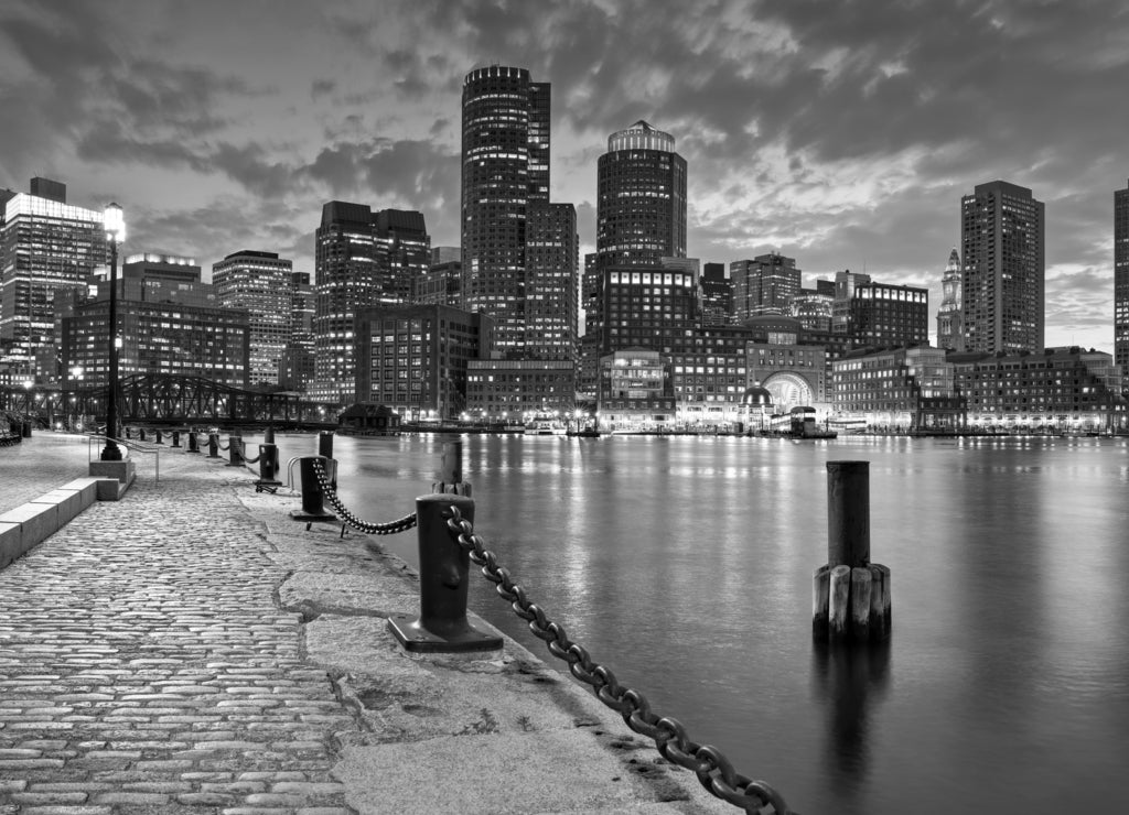 Boston Massachusetts skyline at night in black white