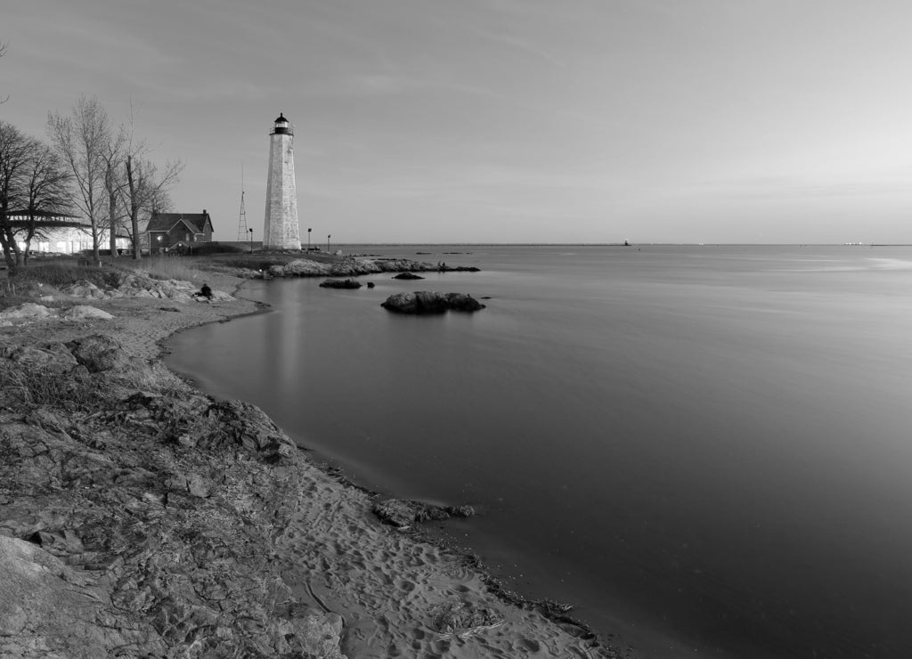 Beautiful sunset of New Haven Light House, Connecticut in black white