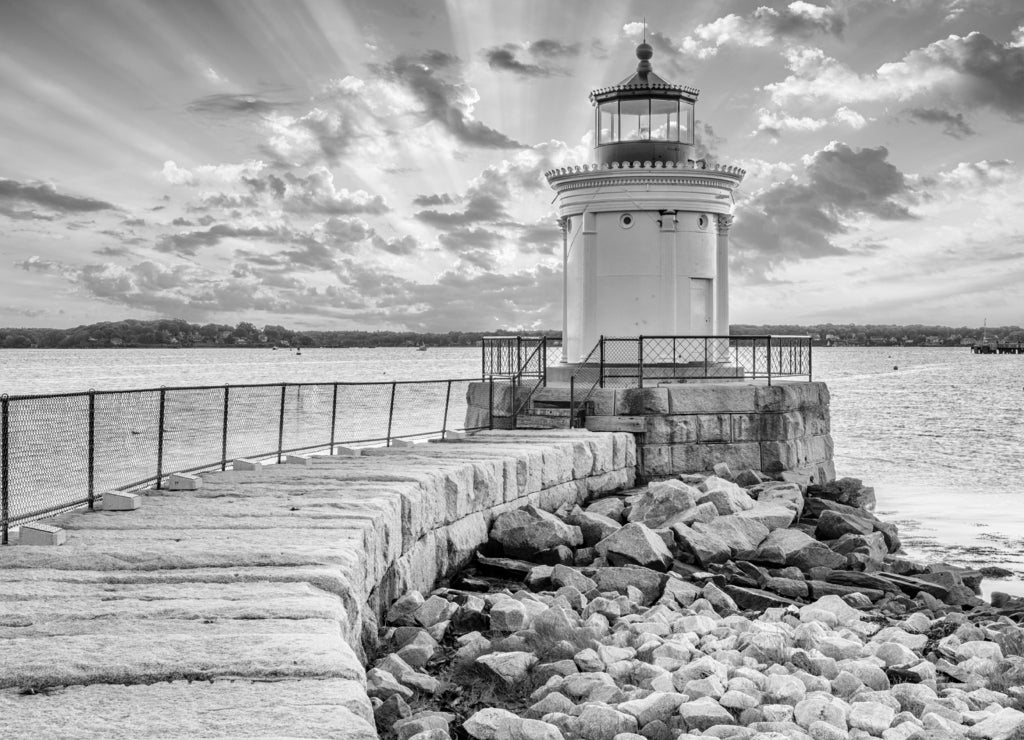 Bug Light, South Portland Breakwater, Maine in black white