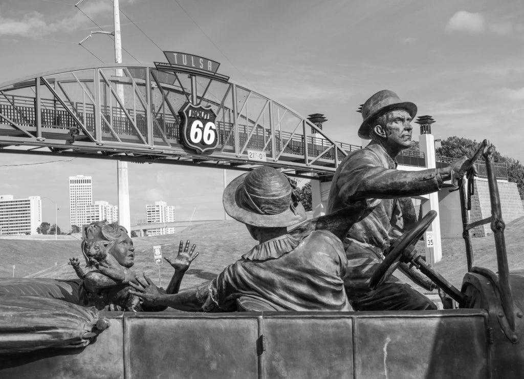 Cyrus Avery Centennial Plaza in Tulsa Oklahoma in black white