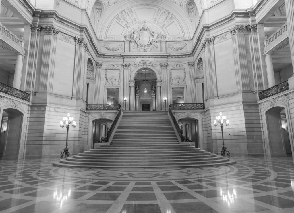 San Francisco City Hall Interiors. The Rotunda Facing the Grand Staircase and the Tennessee Pink Marble in black white