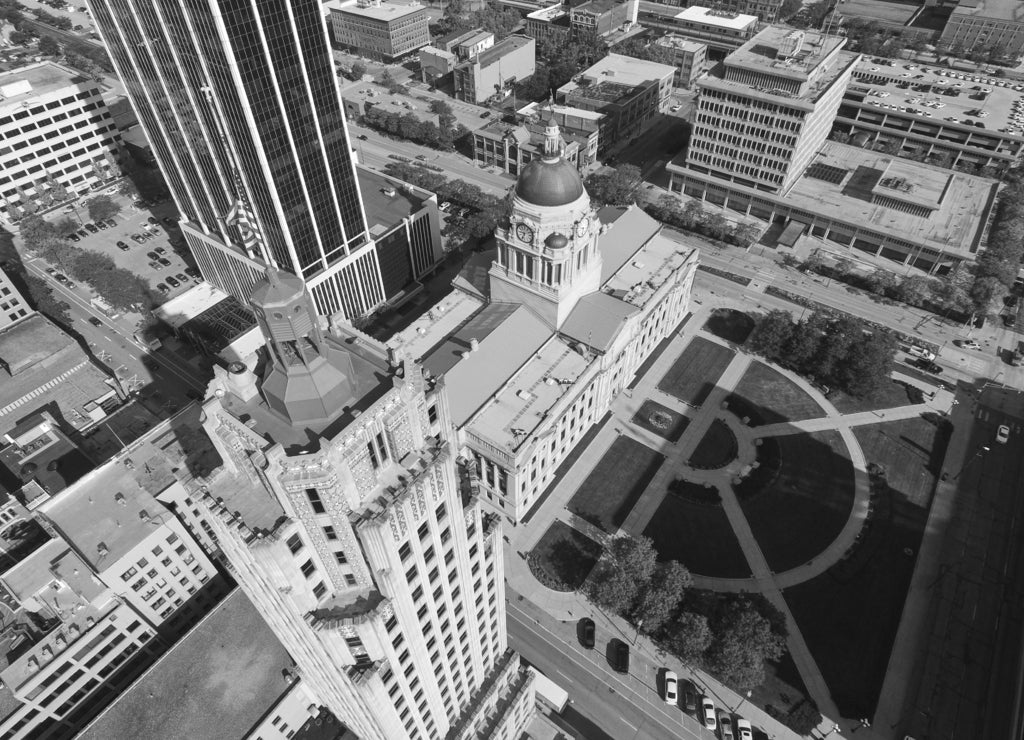 Aerial Fort Wayne Downtown Iconic Buildings Architecture Indiana in black white