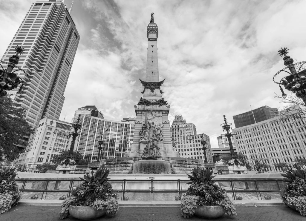 Soldiers and Sailors Memorial in downtown Indianapolis Indiana in black white