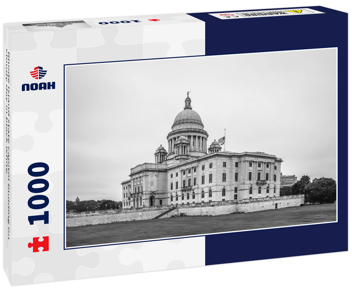 Rhode Island state capitol building on cloudy day in black white