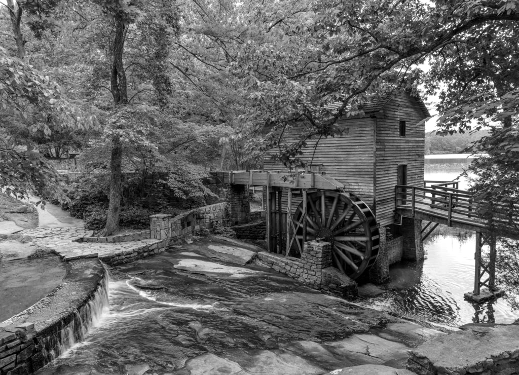 Grist Mill in Stone Mountain State Park, Atlanta, Georgia, USA in black white