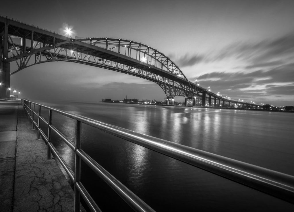 Blue Water Bridge Cityscape, Port Huron, Michigan in black white