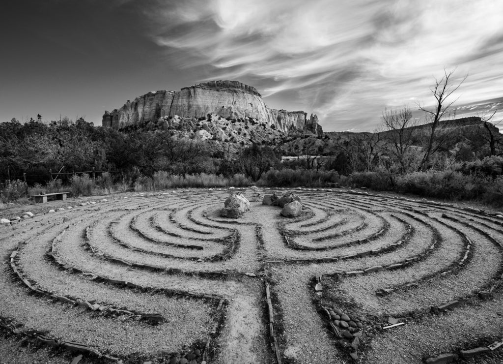 Kitchen Mesa and Labyrinth, New Mexico in black white