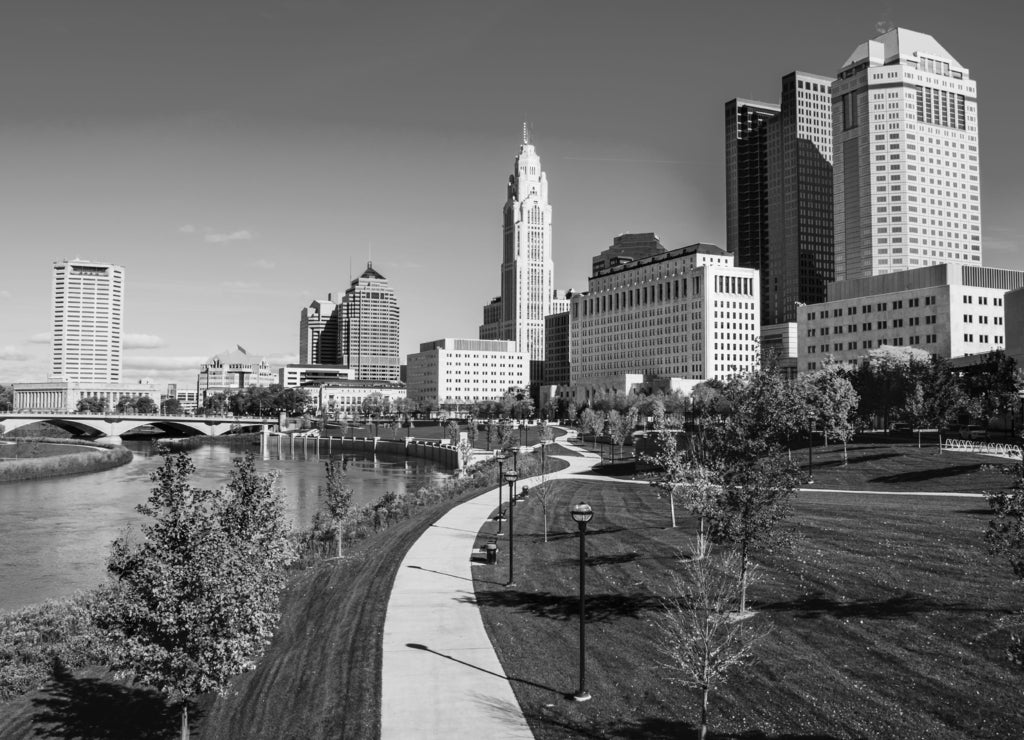 City of Columbus Skyline and the Scioto Mile, Ohio in black white