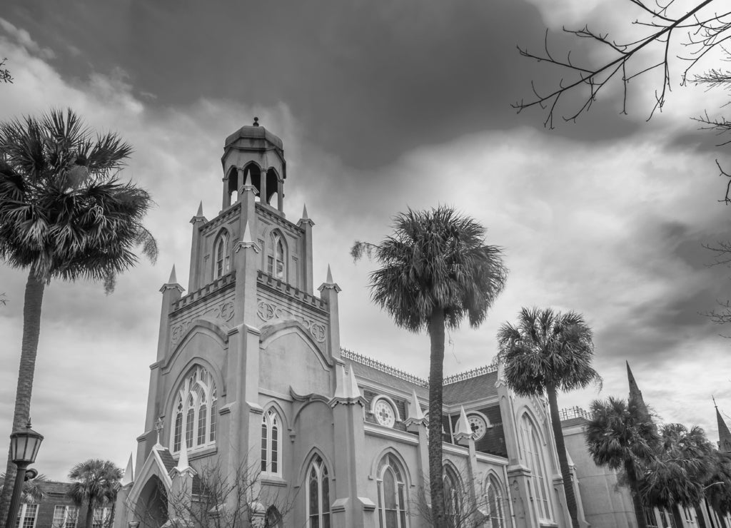Mickve Israel Synagogue, Savannah, Georgia, USA in black white