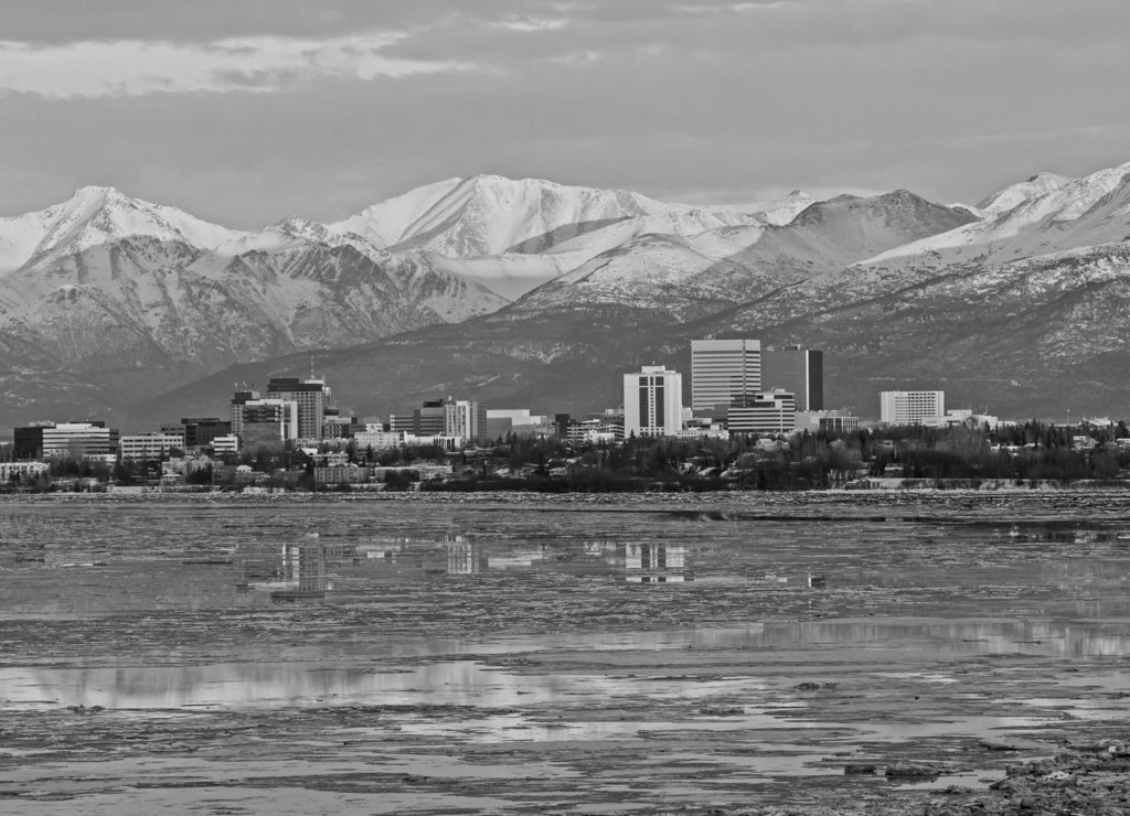 Anchorage Skyline as the Sun Sets, Alaska in black white