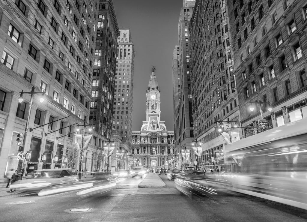 Philadelphia, Pennsylvania, USA on Broad Street in black white