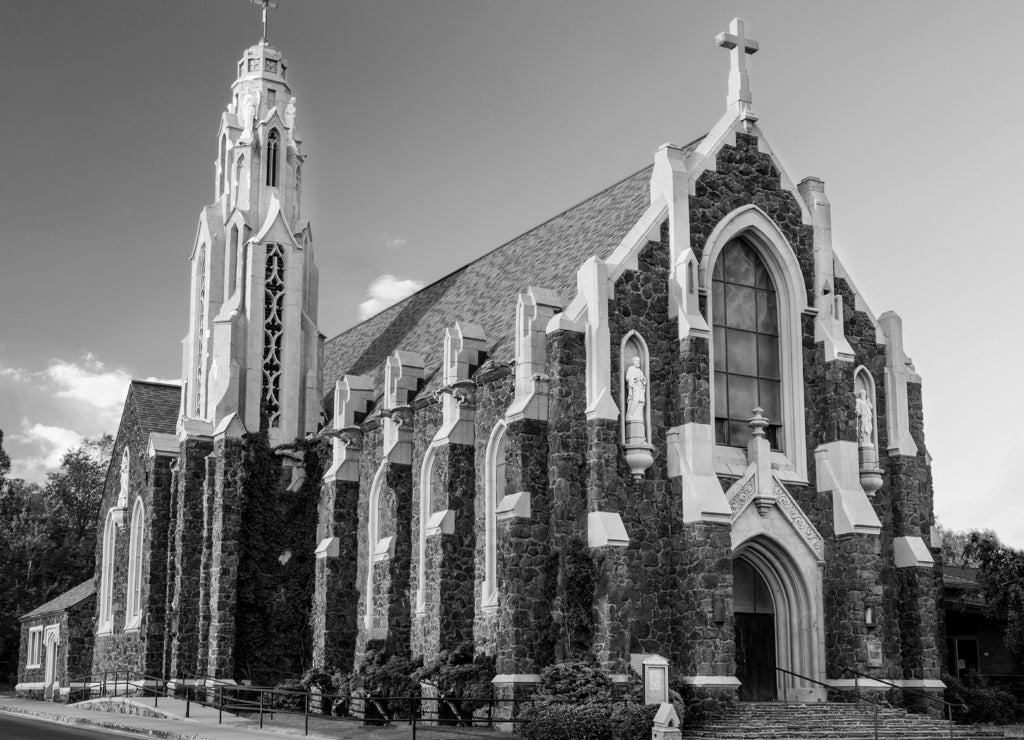 Historic Church of the Nativity in Flagstaff Arizona in black white