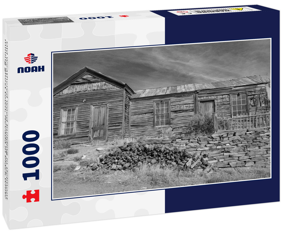 Old weathered wood building in Belmont mining ghost town, Nevada in black white