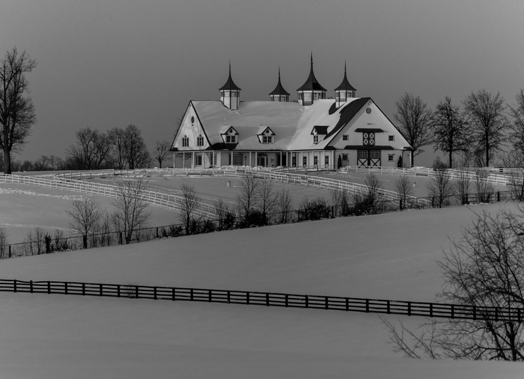 Winter Farm with Horse Barn at Sunset - Manchester Farm - Lexington, Kentucky in black white
