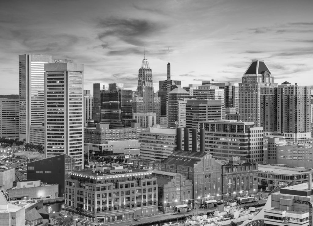 Baltimore, Maryland, USA Skyline in black white