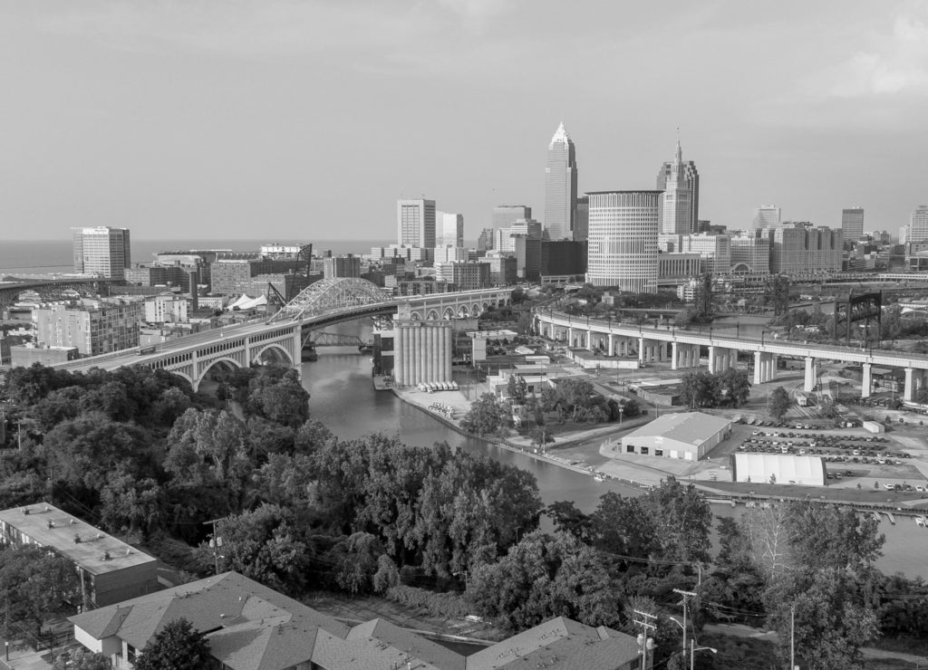 Cleveland from Ohio City - Aerial in black white