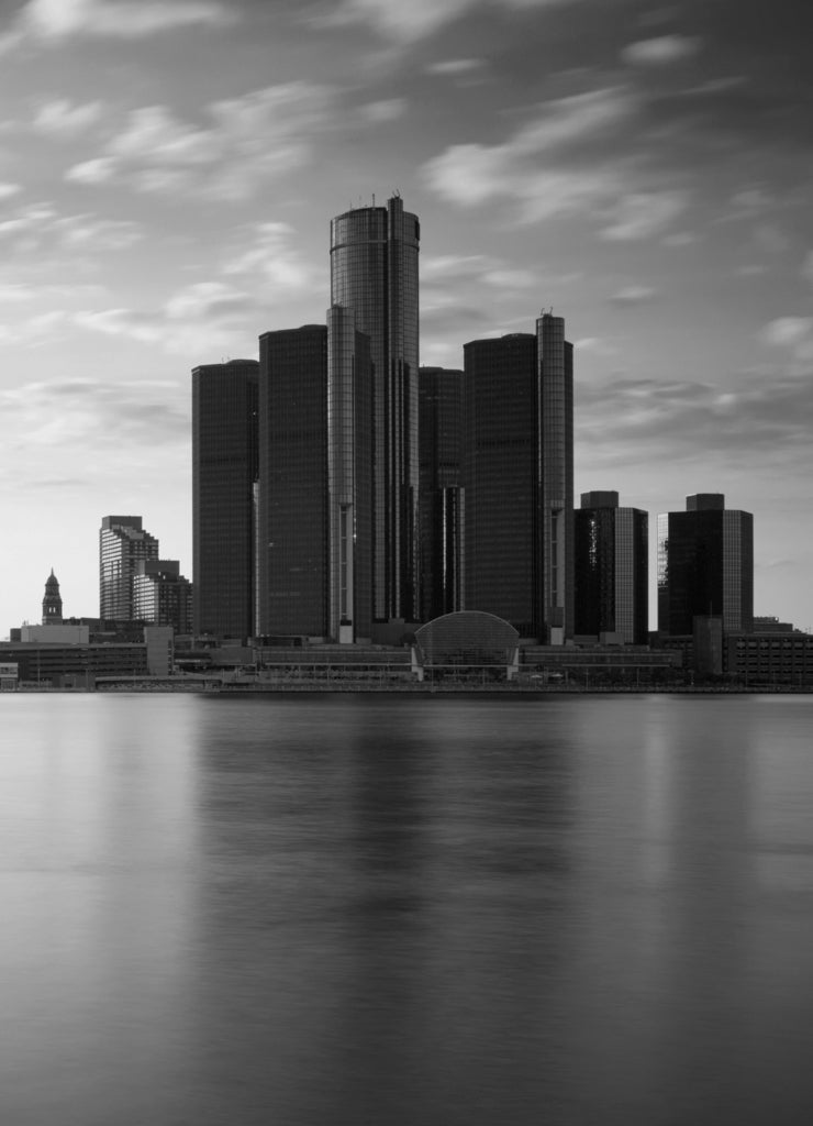 Beautiful skyline of Detroit City, the view from Windsor, Ontario, Canada in black white