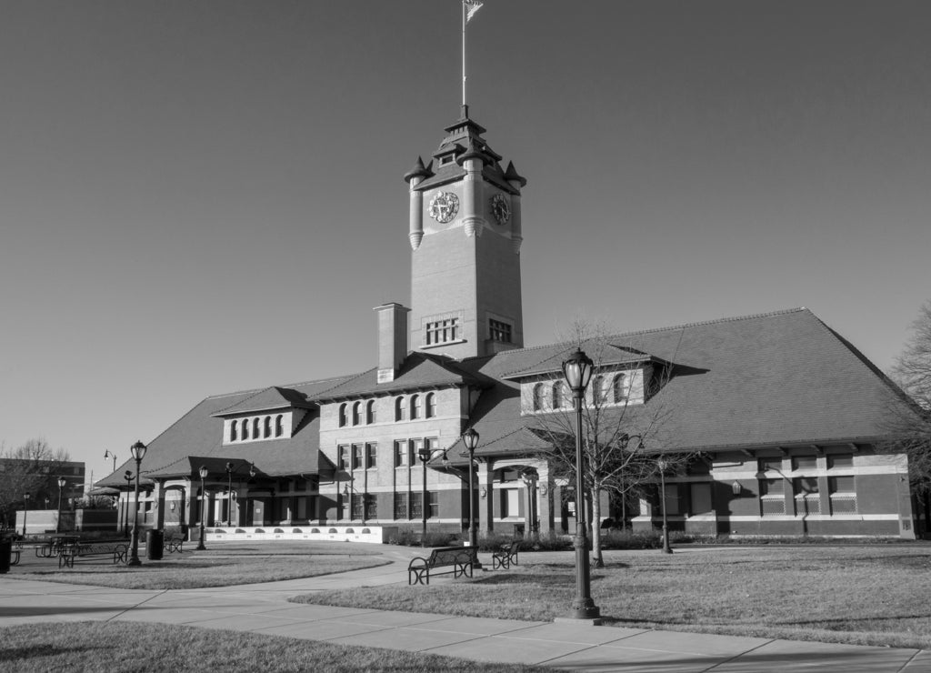 Historic Union Station train station depot in Springfield, Illinois, across from the Abraham Lincoln Presidential Library in black white