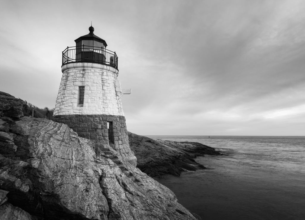 Castle Hill Lighthouse Seascape, Newport Rhode Island in black white