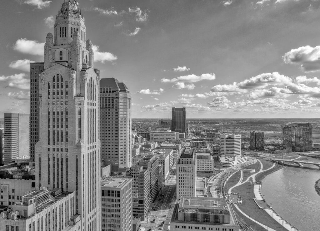 LeVeque Tower Downtown Columbus Scioto River, Ohio in black white