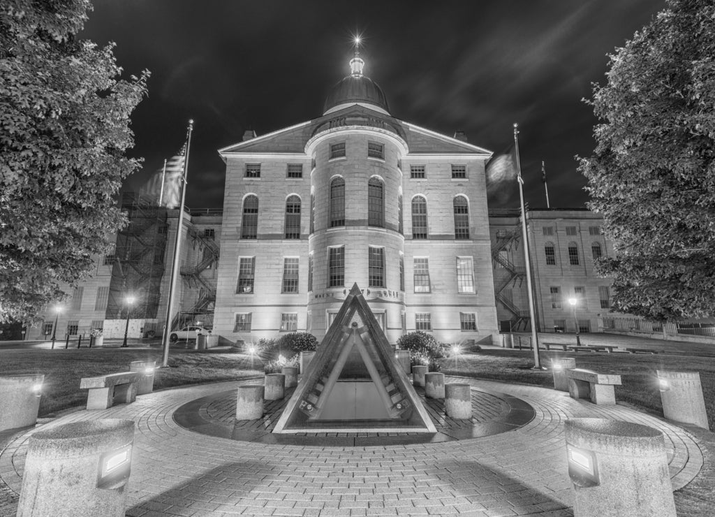 The Maine State House in black white