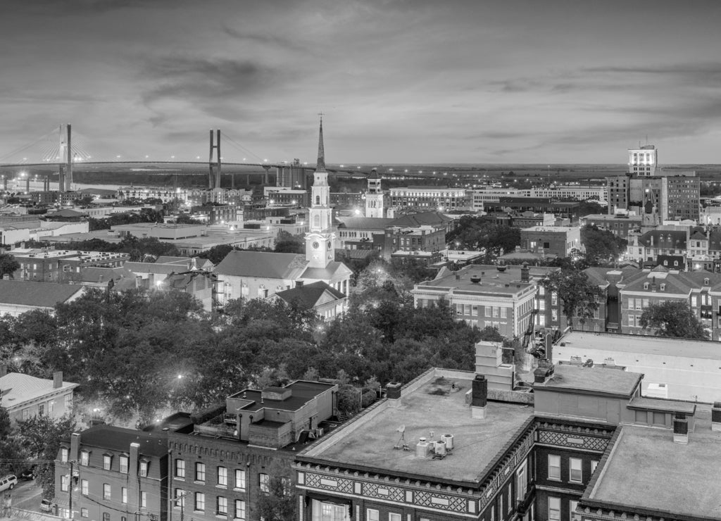 Savannah, Georgia, USA Skyline in black white