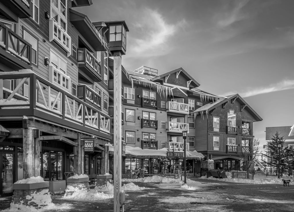 snowshoe mountain village and restaurants and shops on a sunny day, West Virginia in black white