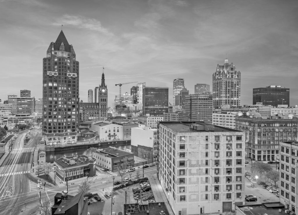 Milwaukee, WIsconsin Skyline in black white