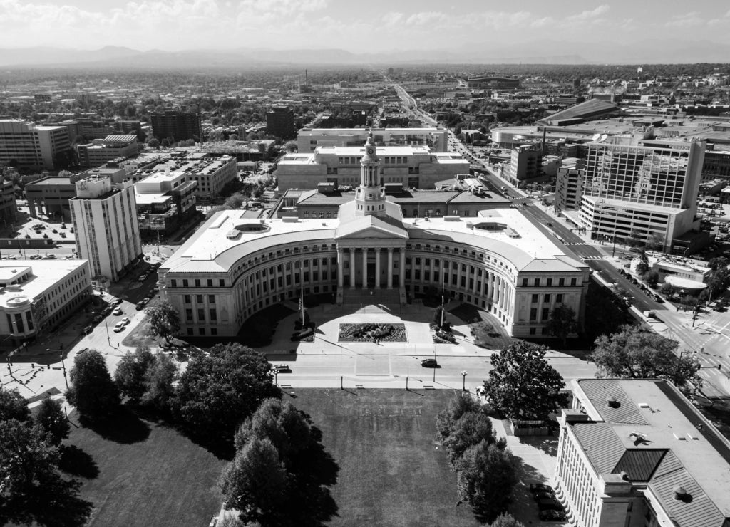 Colorado State Capitol and Denver cityscape aerial view in black white