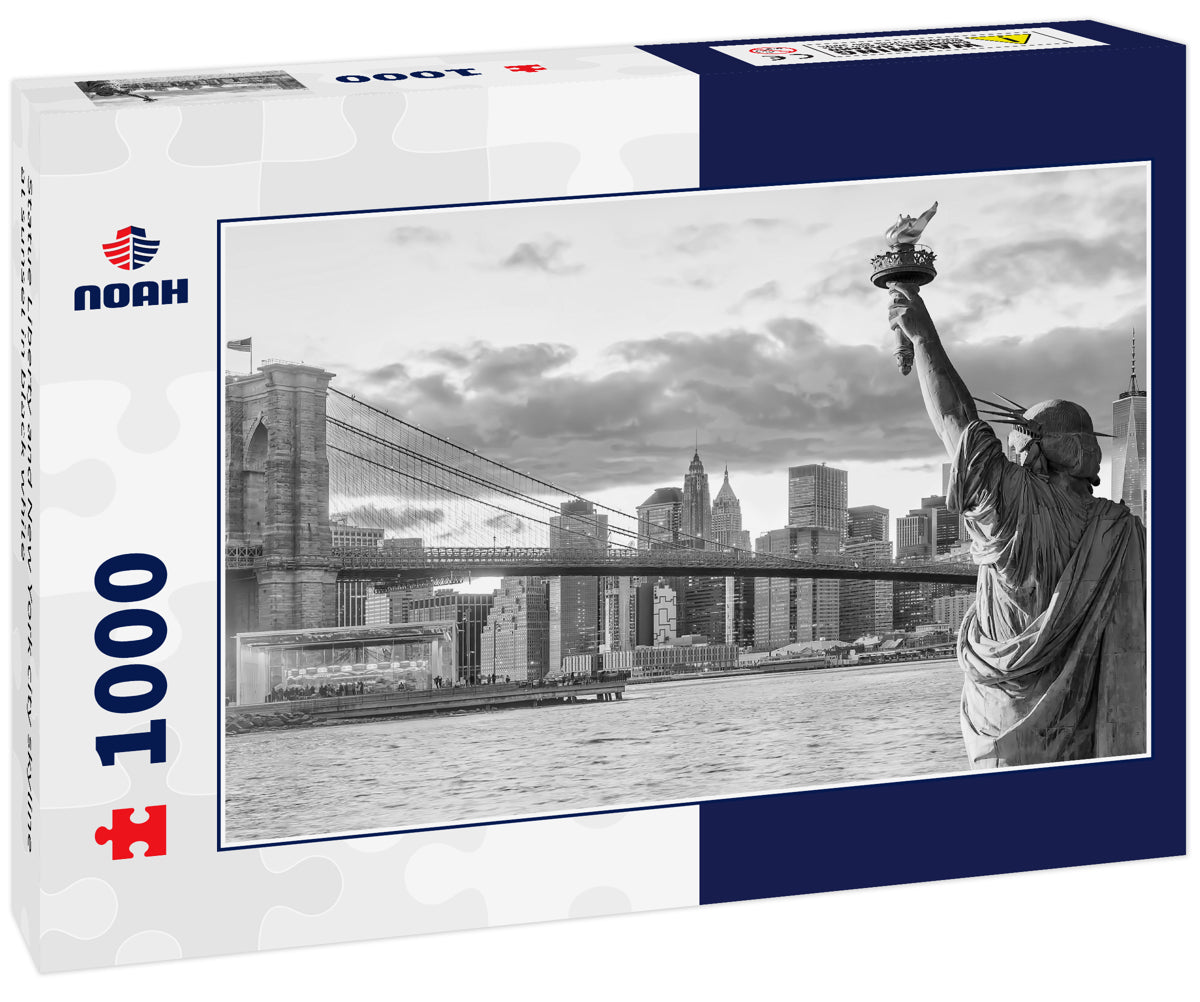 Statue Liberty and New York city skyline at sunset in black white