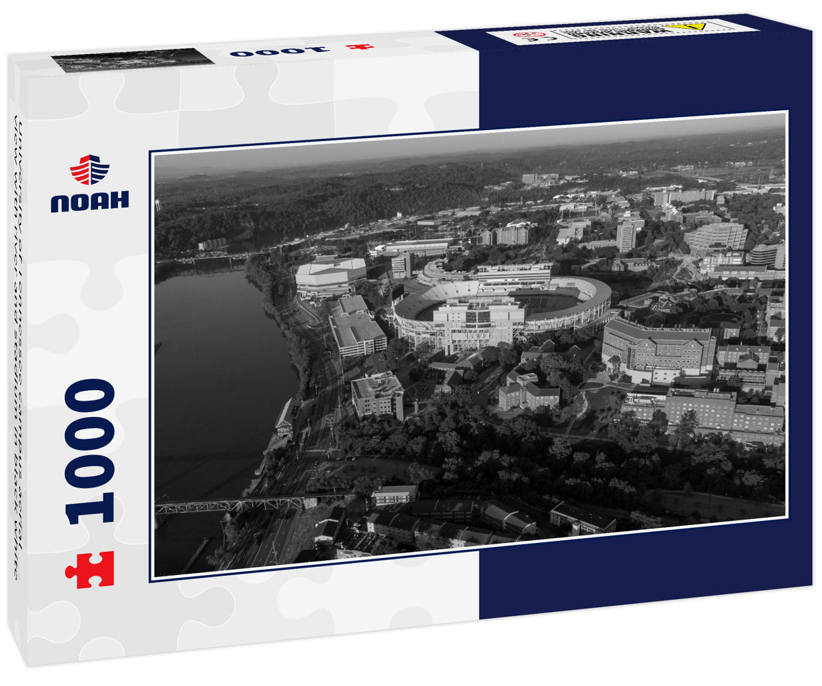 University of Tennessee campus aerial view with river and stadium in black white