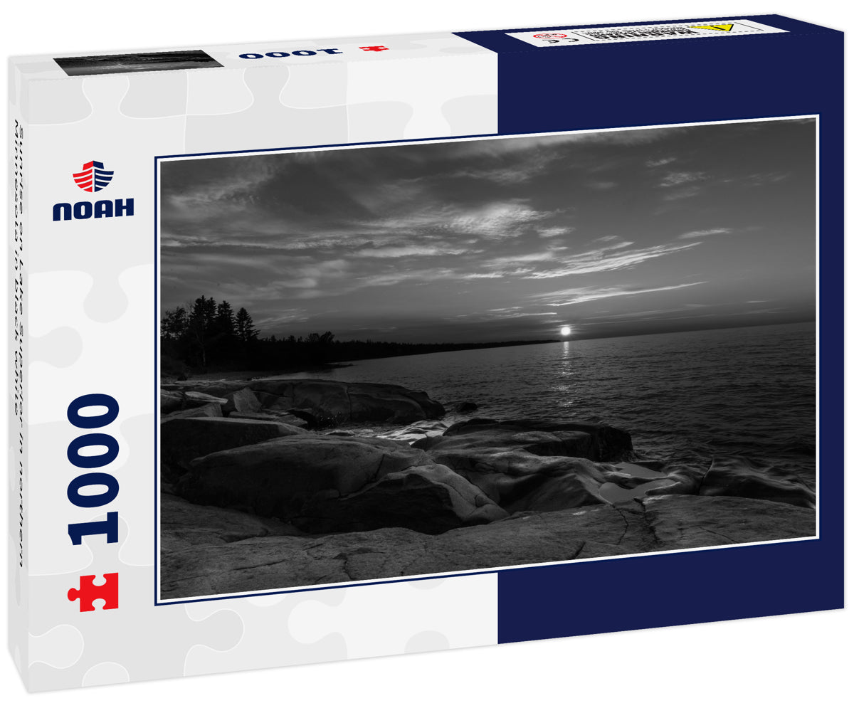 Sunrise on Lake Superior in northern Minnesota in black white