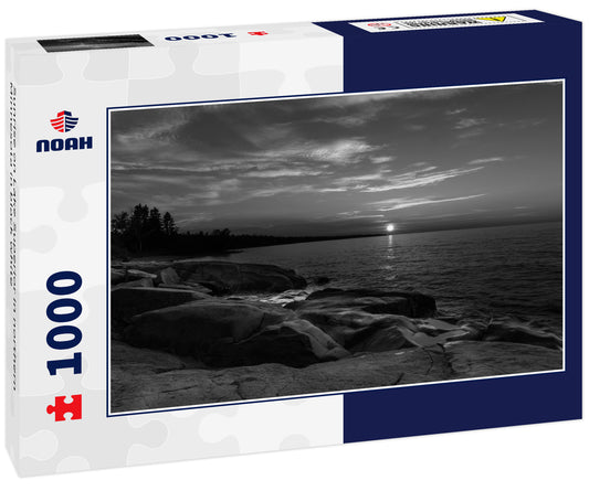 Sunrise on Lake Superior in northern Minnesota in black white