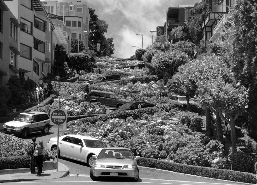 Lombard street, San Francisco, California in black white