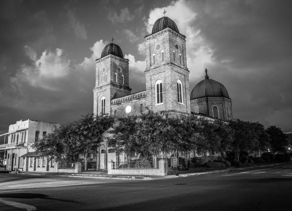 Natchitoches Basilica, Louisiana in black white