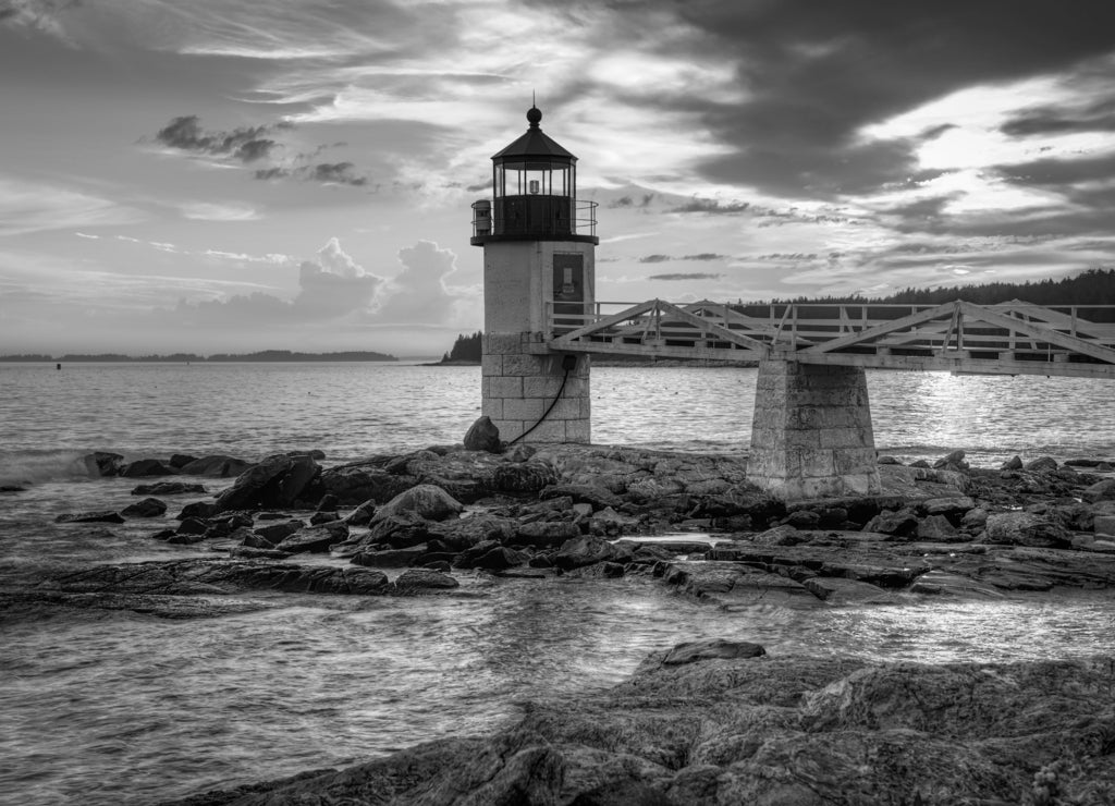 Marshall Point Lighthouse at Sunset, Port Clyde Harbor Maine in black white