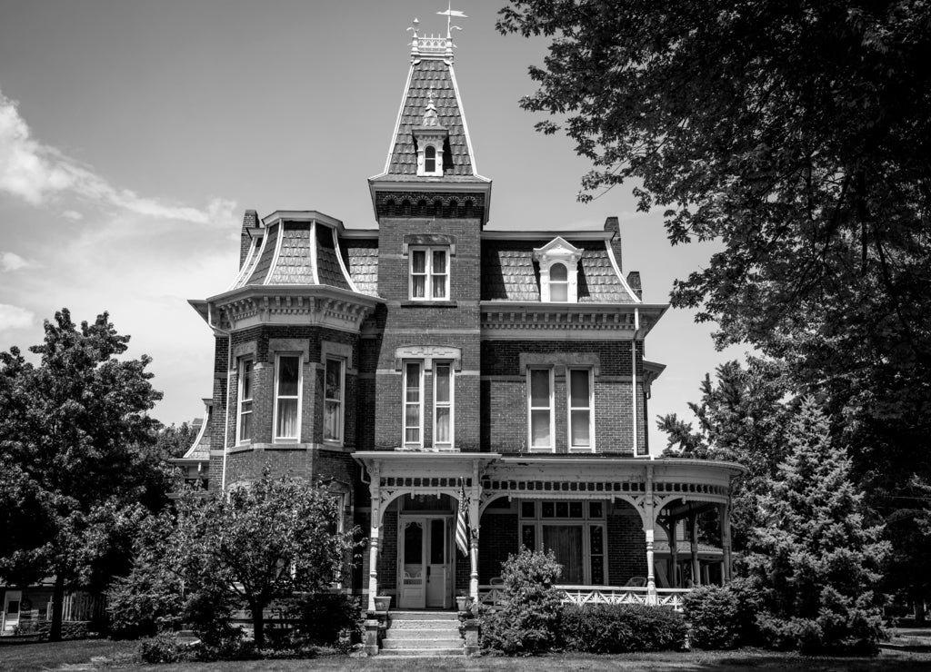 Victorian home and buildings in Ohio in black white