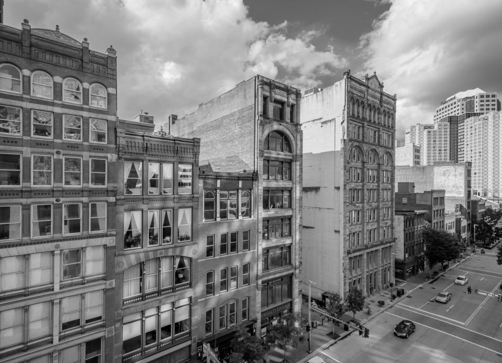 View of buildings along Liberty Avenue in downtown Pittsburgh, Pennsylvania in black white