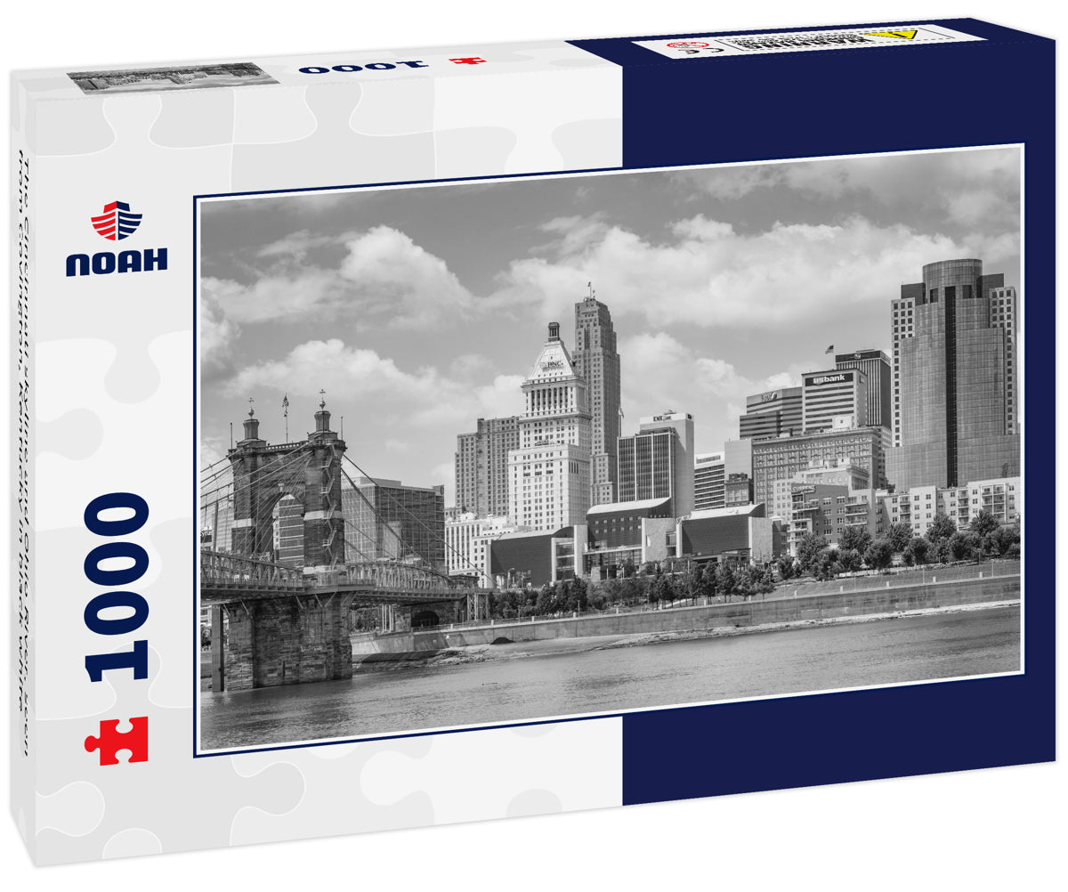 The Cincinnati skyline and Ohio River, seen from Covington, Kentucky in black white