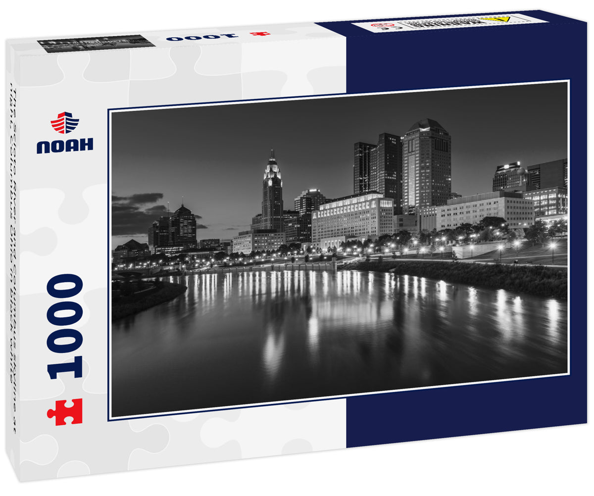 The Scioto River and Columbus skyline at night, Columbus Ohio in black white