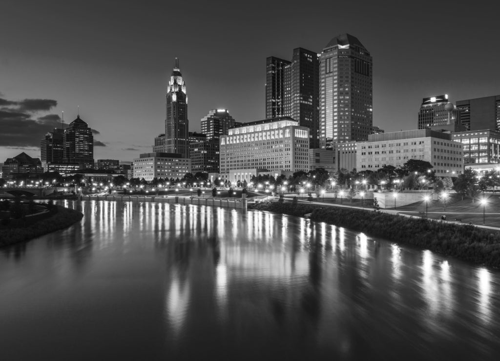 The Scioto River and Columbus skyline at night, Columbus Ohio in black white